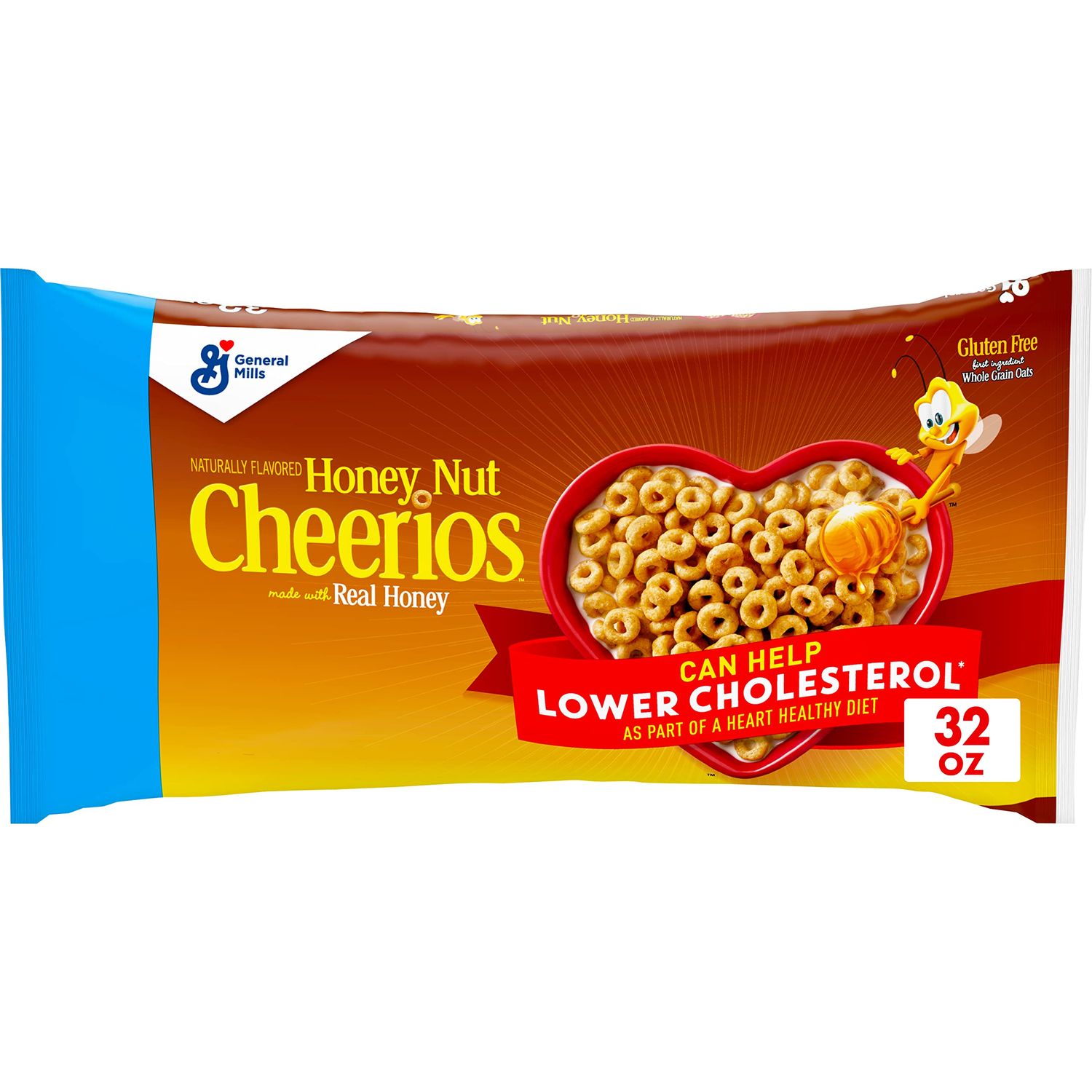 Honey Nut Cheerios, Heart Healthy Gluten Free Breakfast Cereal with Whole Grain Oats, Resealable Value Bag, 32 oz