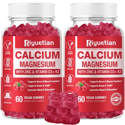 Riyuetian 2 Pack Calcium Magnesium Zinc Gummies with Vitamin D3 Supplement, High Absorption Zinc Gummies for Bone Teeth Immune Health, Gluten-Free, Vegan, Kids Adults, 120 Count