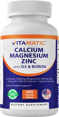 Vitamatic Calcium Magnesium Zinc D3 Boron 365 Coated Tablets Supplement Calcium 1200 mg, Magnesium 420mg, Zinc 25mg, Vitamin D3 1000 IU, Boron 1 mg Non-GMO Gluten Free Made in USA