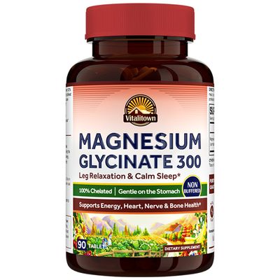 Vitalitown Magnesium Glycinate Chelated, Non Buffered 300mg Elemental Magnesium Most Bioavailable, Fully Reacted Bone, Muscle, Calm, Sleep, Heart Healths 90 Tablets, Non-GMO
