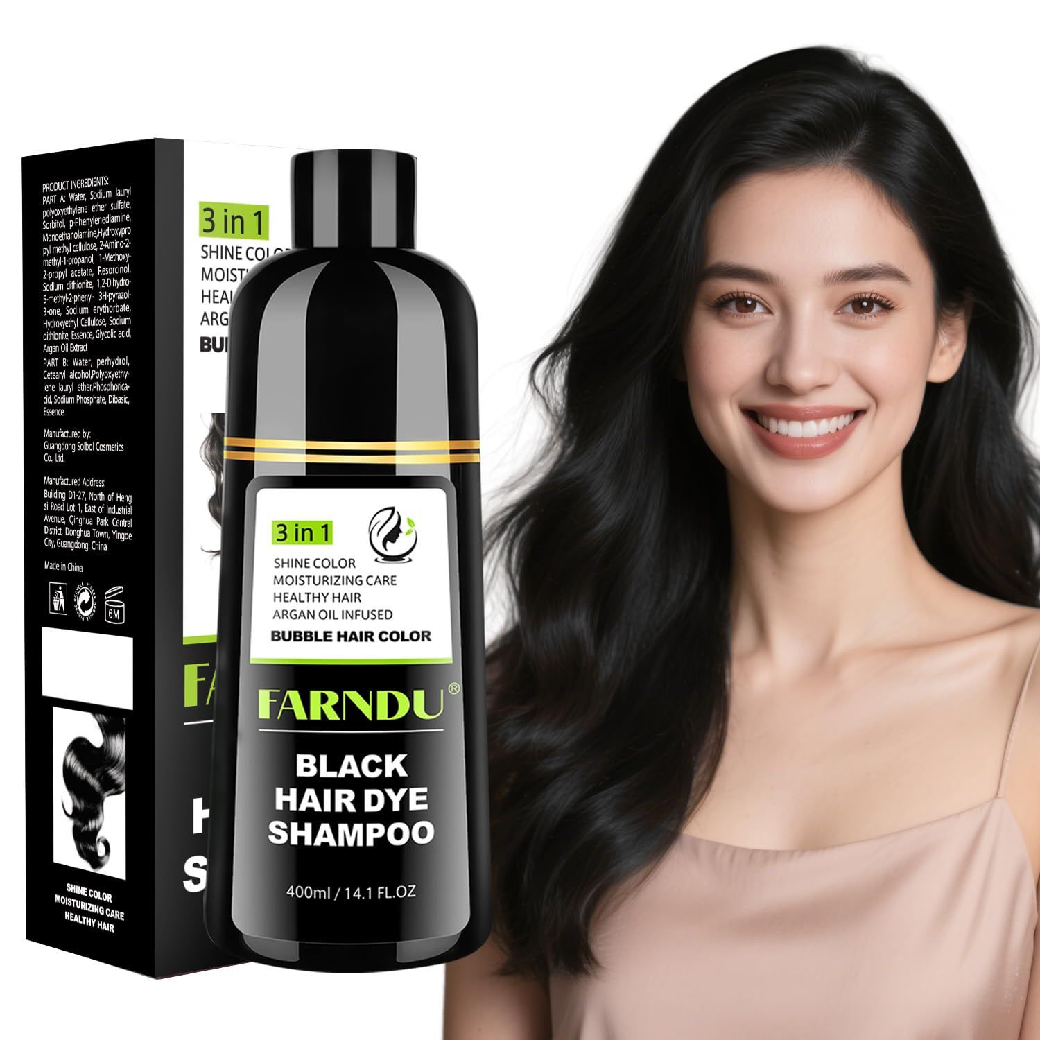 DYEING 221 BC FARNDU Black Hair Dye Shampoo 3 in 1 for Gray Hair Coverage - Natural Herbal Hair Color Shampoo for Women Men Champu Para Canas 100 Gray Coverage