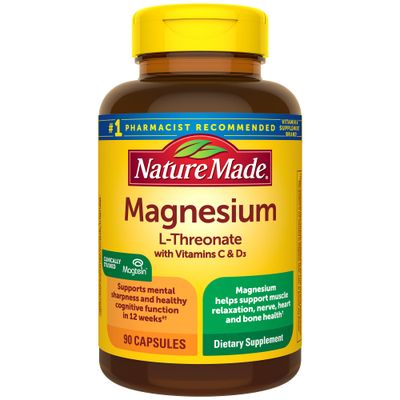Nature Made Magnesium L-Threonate with Vitamin C Vitamin D3, Provides 130 mg of Magnesium from 1800 mg Magnesium L Threonate, Cognitive Support Magnesium Supplement, 90 Capsules, 30 Day Supply