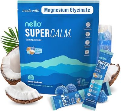 Nello Supercalm Powdered Drink Mix, Blue Coconut, L Theanine, Ksm-66 Ashwagandha, Magnesium Glycinate, Vitamin D 3, Supplements for Relaxation Focus, No Sugar, Non GMO, On The Go, 20 Srvgs
