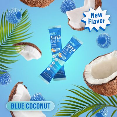 Nello Supercalm Powdered Drink Mix, Blue Coconut, L Theanine, Ksm-66 Ashwagandha, Magnesium Glycinate, Vitamin D 3, Supplements for Relaxation Focus, No Sugar, Non GMO, On The Go, 20 Srvgs