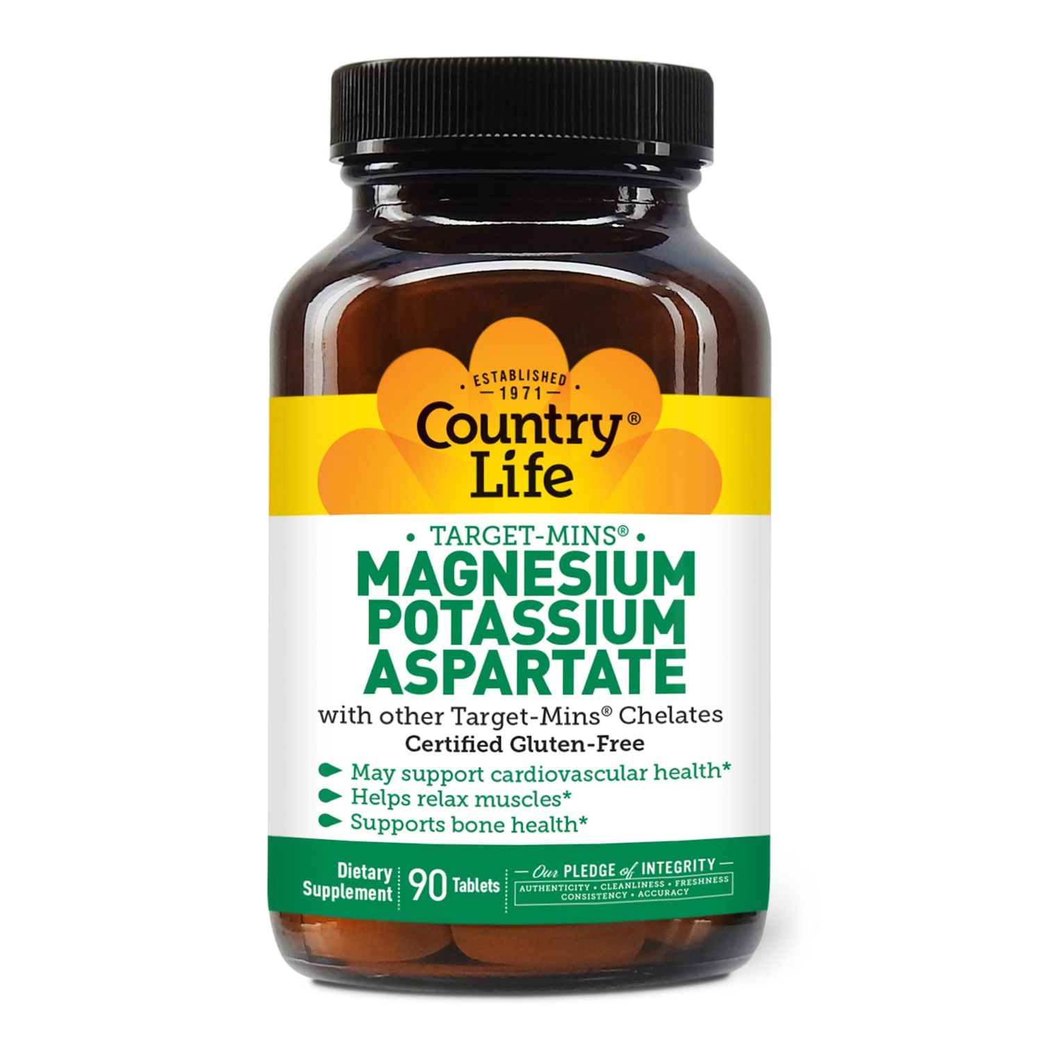Country Life Target-Mins Magnesium Potassium Aspartate, 600mg198mg, 90 Tablets, Certified Gluten Free, Certified Vegan
