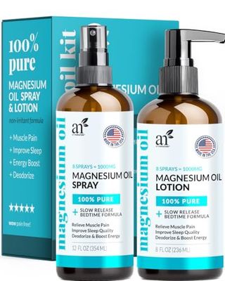 ArtNaturals Magnesium Oil Spray 12 oz Body Massage Lotion Set 8oz for Feet Sleep - Extra Strength Cream Ultra-Pure, Relief Relaxation, Muscle Health Leg Joint Care Topical Non Itch