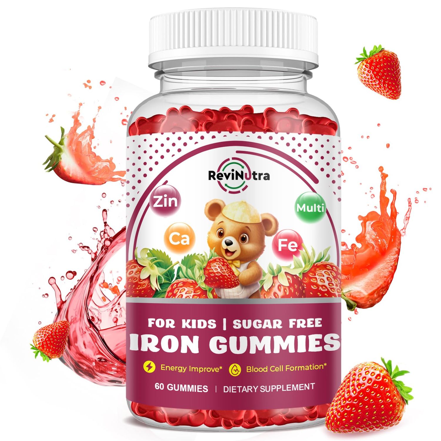 Iron Supplement Gummies for Kids - with Calcium, Zinc, Kids Multivitamin with Iron Gummies - Immune Support, Blood Builder Energy Support for Iron Deficiency, Anemia, Vegan - 60 Gummies