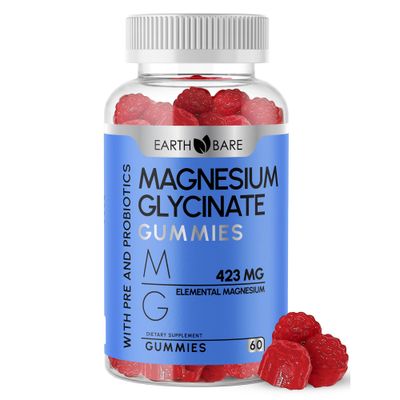Earth Bare Magnesium Glycinate Gummies - High Potency Magnesium Supplement with Maximum 423mg of Elemental Magnesium, Pre and Probiotics Magnesium Bisglycinate for Superior Health Support 60 Count