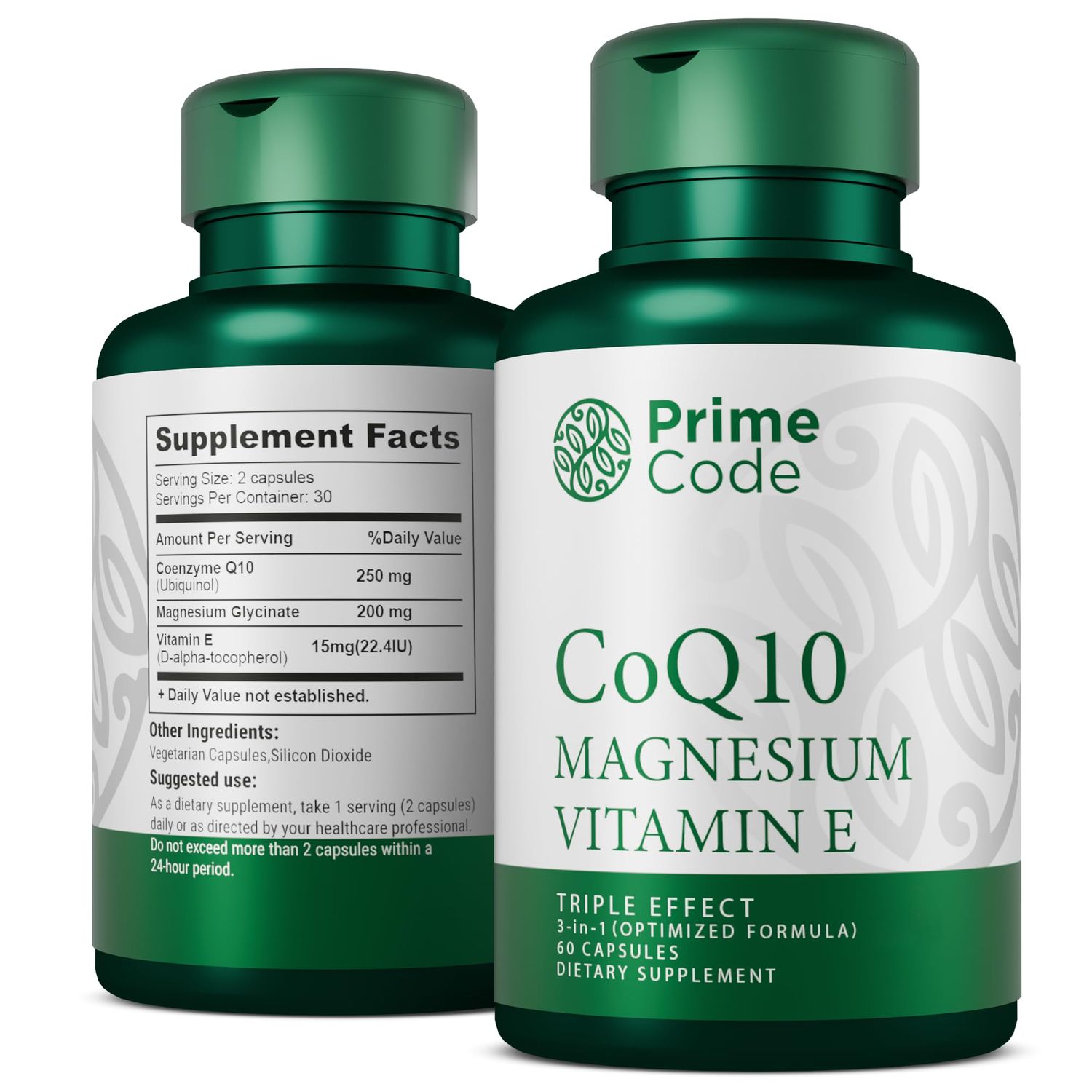 Prime Code 3 CoQ10 250mg with Magnesium Glycinate and Vitamin E CoQ10 Capsules 250mg Magnesium Glycinate 200mg Vitamin E 15mg Non-GMO Gluten Soy Free Vegan