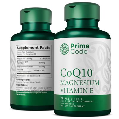 Prime Code 3 CoQ10 250mg with Magnesium Glycinate and Vitamin E CoQ10 Capsules 250mg Magnesium Glycinate 200mg Vitamin E 15mg Non-GMO Gluten Soy Free Vegan