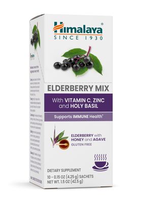 Himalaya Elderberry Mix, Drink Mix Supplement, Immune Support with Elderberry, Zinc, Vitamin C and Holy Basil, Caffeine Free, 10-0.15 oz (4.3 g) Packets, Easy to Mix, Gluten Free