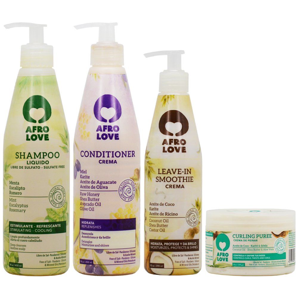 Afro Love Curly Hair Care Set, Shampoo and Conditioner (16oz), Leave-In Smoothie Crema Curling Puree (8oz) - Sulfate-Free, Paraben-Free, Shea Butter Coconut Oil - For Curly, Kinky Coily Hair