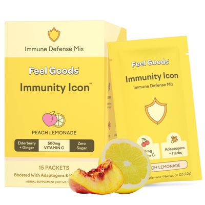 Feel Goods Immunity Icon, Zero Sugar, Vitamin C, A, B, D, E Zinc, Organic Elderberry, Ashwagandha, Drink Mix Powder, Vegan, Non GMO, Caffeine Gluten Free Peach Lemonade, 15 Count