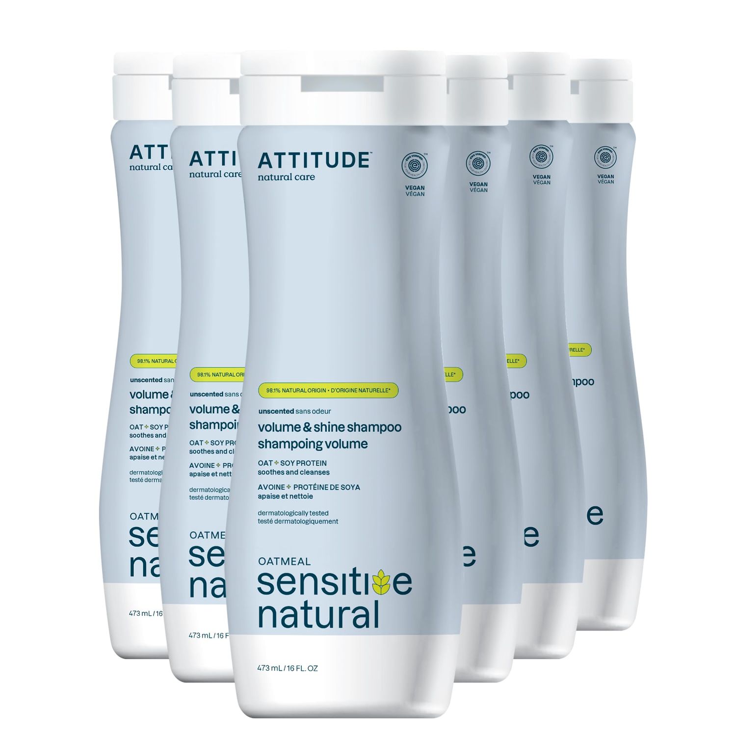 ATTITUDE Hair Shampoo for Sensitive Dry Scalp, EWG Verified, Soothing Oat, For Thin Hair, Naturally Derived Ingredients, Vegan and Plant-Based, Volume and Shine, Unscented, 16 Fl Oz (Pack of 6)