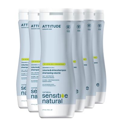 ATTITUDE Hair Shampoo for Sensitive Dry Scalp, EWG Verified, Soothing Oat, For Thin Hair, Naturally Derived Ingredients, Vegan and Plant-Based, Volume and Shine, Unscented, 16 Fl Oz (Pack of 6)