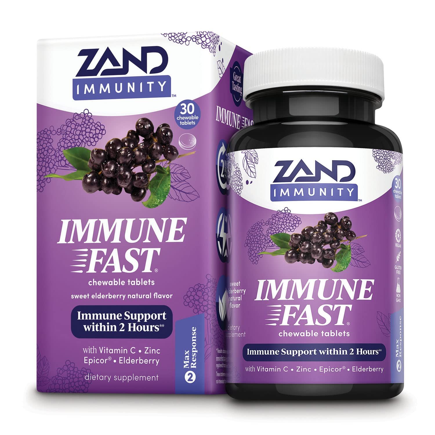 ZAND Immune Fast Elderberry Chews Boosts Immune Response Cell Activity wEpiCor Vitamin C, 30 Tablets, 10 Serv.