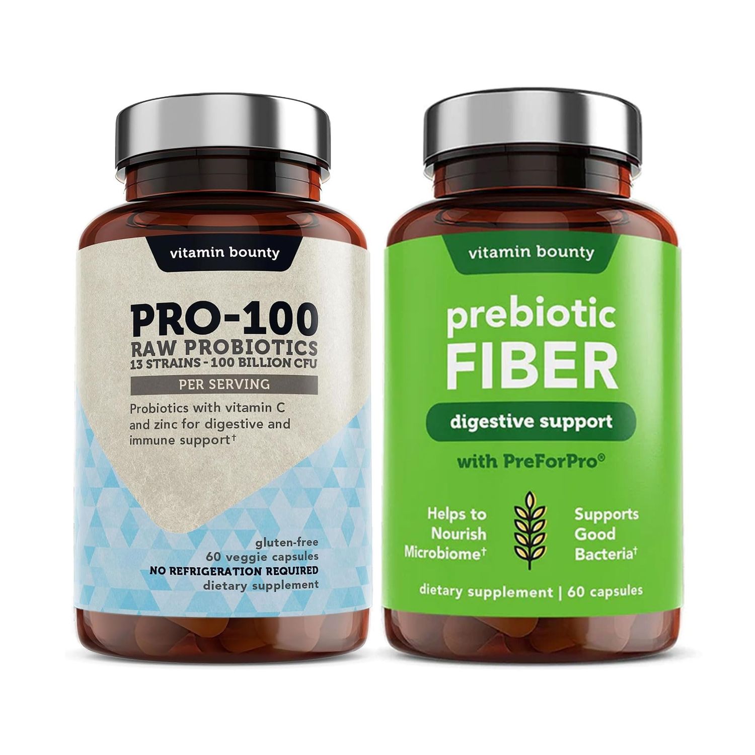 Vitamin Bounty Pro-100 Probiotics Prebiotic Fiber Bundle: Ultimate Gut Health Support with 13 Strains, 100 Billion CFUs, Zinc Vitamin C, Delayed Release Capsules - 90 Capsules