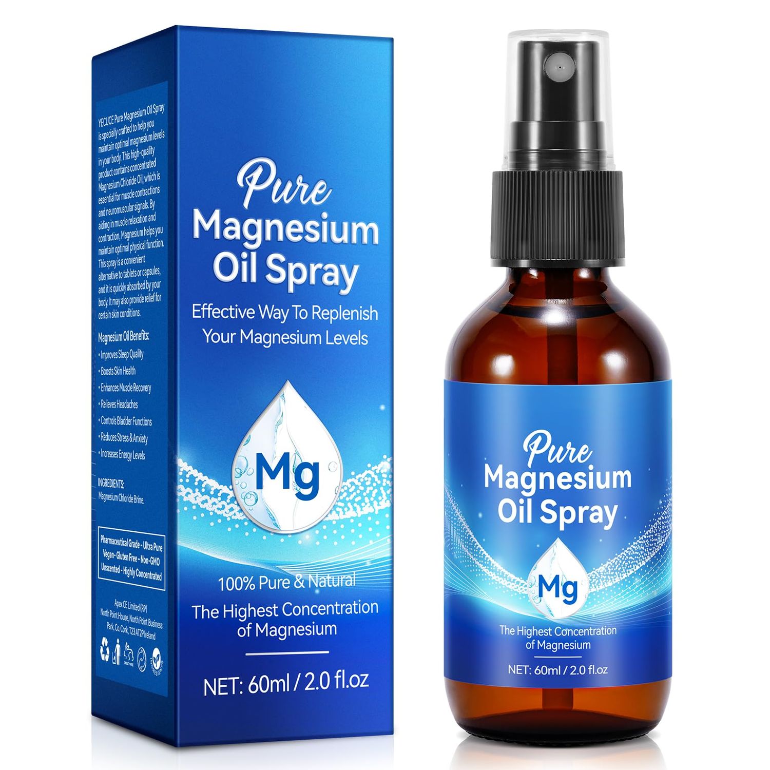 Pure Magnesium Spray for Feet, Magnesium Oil, Organic Natural Glass Bottle, Easy to Absorb and Use 60Ml.