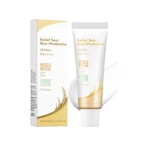 Rice Probiotic Sunscreen, Sun Relief Organic Sunscreen SPF50, PA, Face Sunscreen with Niacinamide, Vitamin E, Zinc Oxide for All Skin Types