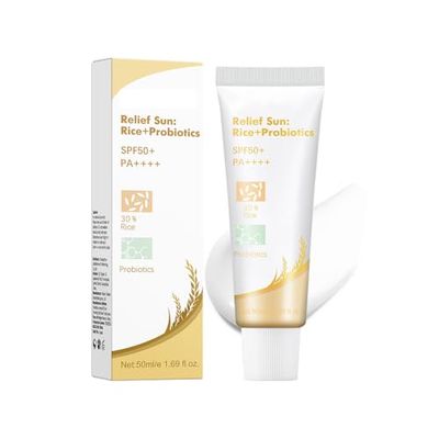 Rice Probiotic Sunscreen, Sun Relief Organic Sunscreen SPF50, PA, Face Sunscreen with Niacinamide, Vitamin E, Zinc Oxide for All Skin Types