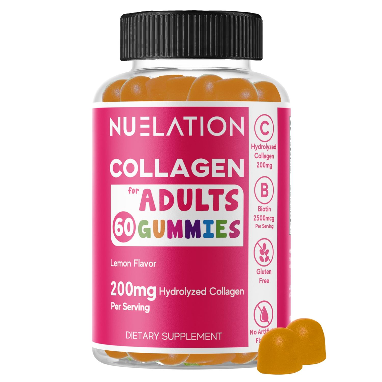 NUELATION 200mg Hydrolyzed Gummy Collagen for Women Men. 2500mcg Biotin Gummies with 5mg Vitamin E, 50mg Vitamin C 5mg Zinc. Gluten-Free, Non-GMO, Keto Friendly Adult Biotin and Collagen Vitamins