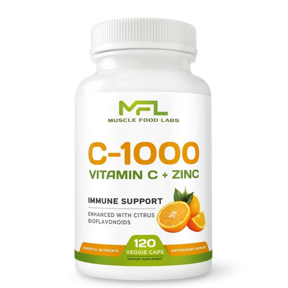 MUSCLE FOOD LABS Vitamin C ZINC C - 1000 VIT C 1000mg Zinc 25mg Citrus Bioflavonoids 25mg Non-GMO Gluten Free 120 Capsules