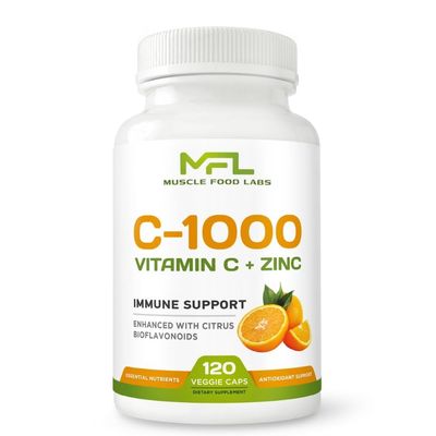 MUSCLE FOOD LABS Vitamin C ZINC C - 1000 VIT C 1000mg Zinc 25mg Citrus Bioflavonoids 25mg Non-GMO Gluten Free 120 Capsules