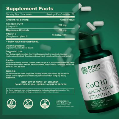 Prime Code 3 CoQ10 250mg with Magnesium Glycinate and Vitamin E CoQ10 Capsules 250mg Magnesium Glycinate 200mg Vitamin E 15mg Non-GMO Gluten Soy Free Vegan