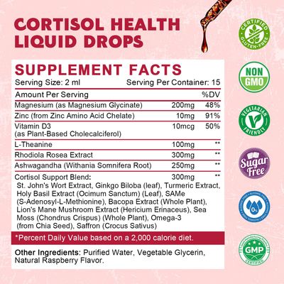 Cortisol Supplement Liquid Drops, Cortisol Supplements with Magnesium Complex, Rhodiola Rosea, L-Theanine, Ashwagandha for Balanced Cortisol, Hormone Balance and Mood Support (2 Pack, 1 Fl Oz)