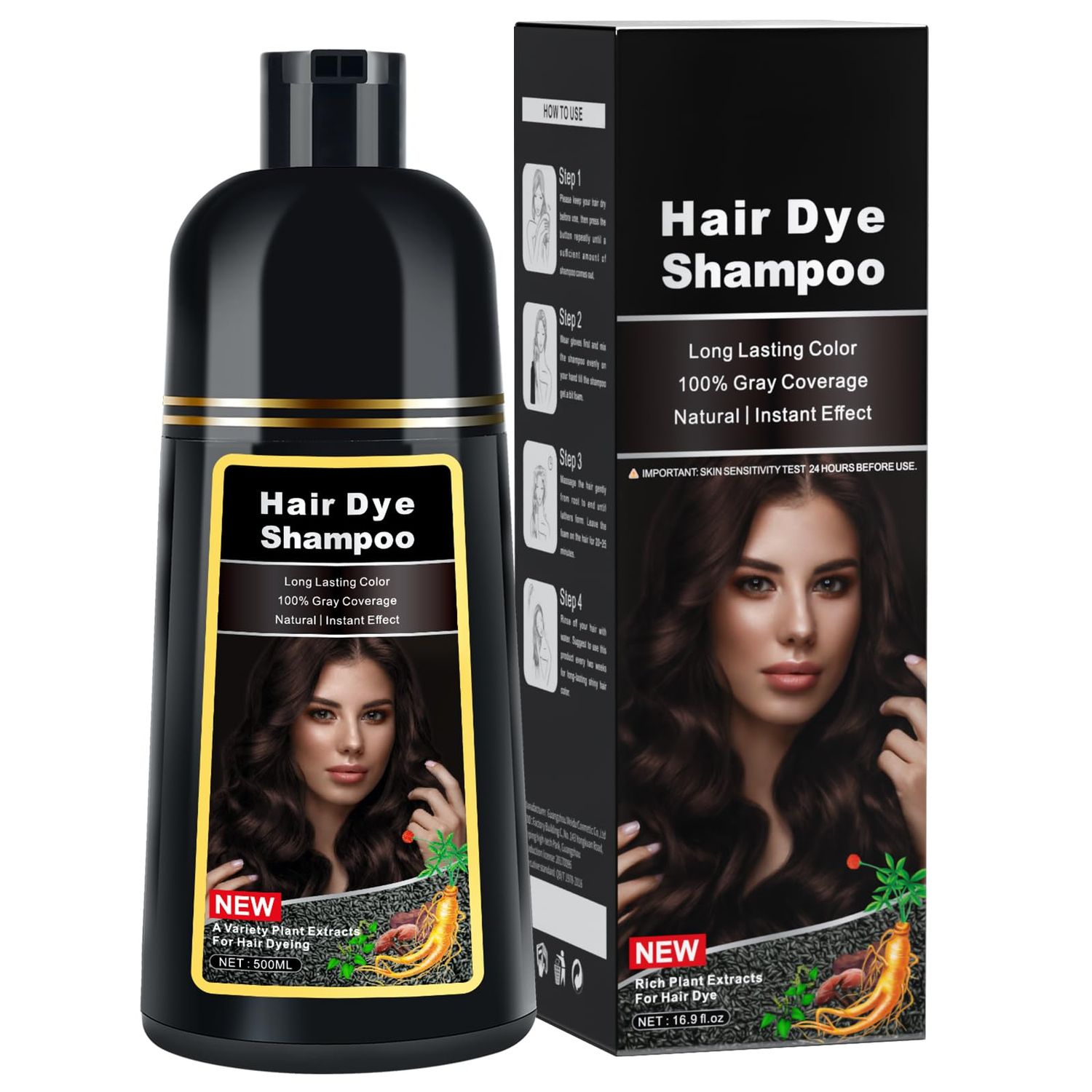 Dark Brown Hair Dye Shampoo for Gray Hair Coverage and Color Control - Herbal 3 in 1 for MenWomen, Ammonia-Free