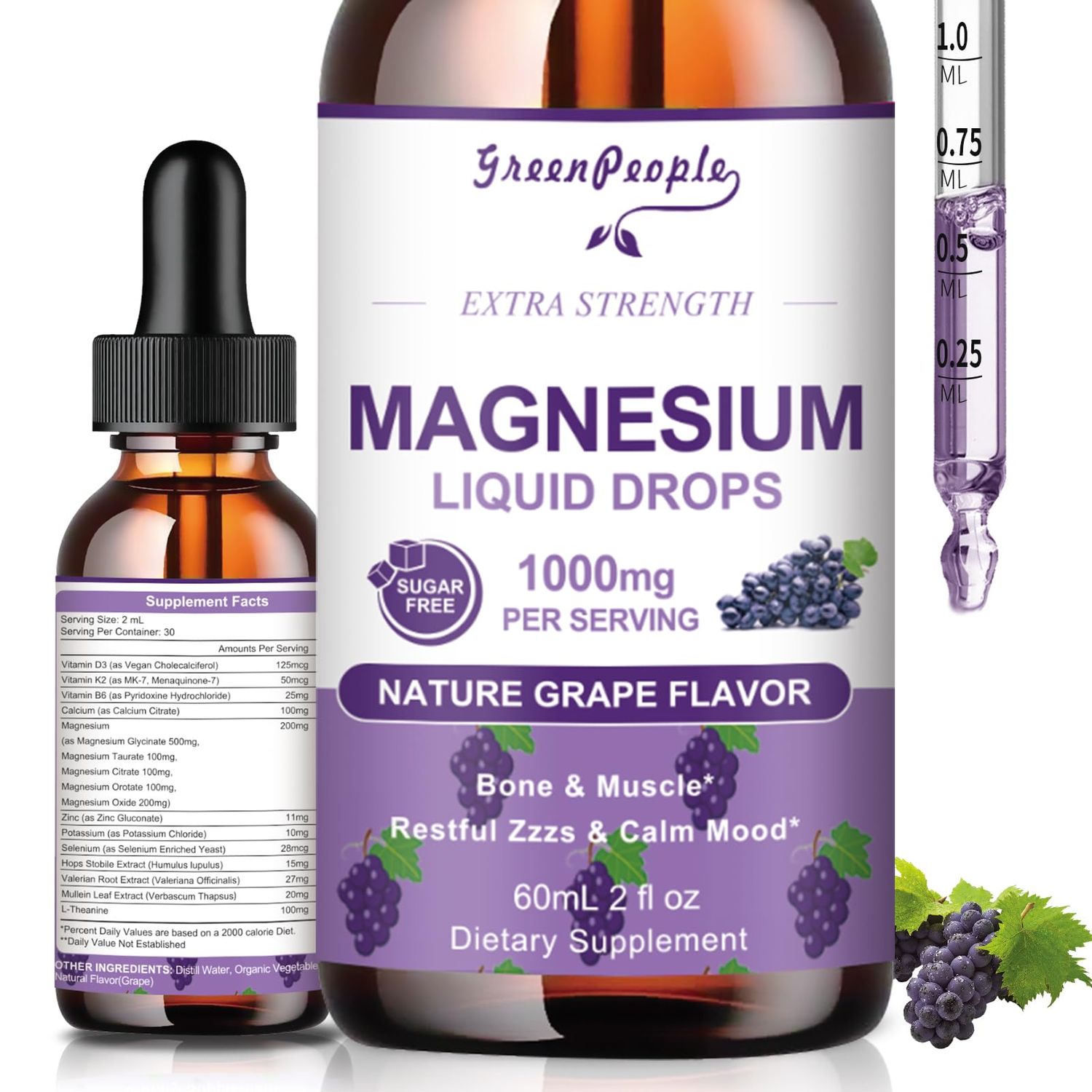 GREENPEOPLE Magnesium Glycinate Liquid Drops - 1000mg 5-in-1 High Absorption Liquid Magnesium Complex with D3K2B6 Fast-Acting, Bone, Muscle Sleep Sugar-Free Grape Flavor, 2fl Oz
