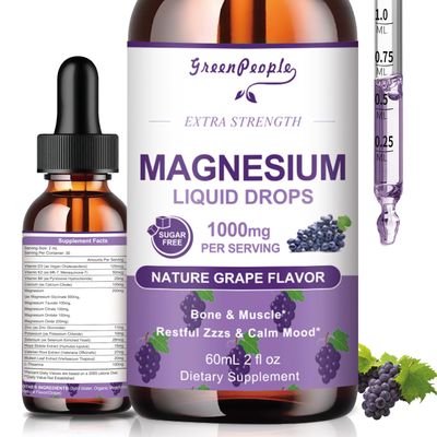 GREENPEOPLE Magnesium Glycinate Liquid Drops - 1000mg 5-in-1 High Absorption Liquid Magnesium Complex with D3K2B6 Fast-Acting, Bone, Muscle Sleep Sugar-Free Grape Flavor, 2fl Oz
