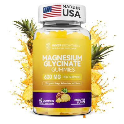 Magnesium Glycinate Gummies 600mg, Non-GMO, Gluten-Free, Magnesium Gummies for Adults Kids, Sleep, Relaxation Focus, Pineapple Flavor, 60 Count
