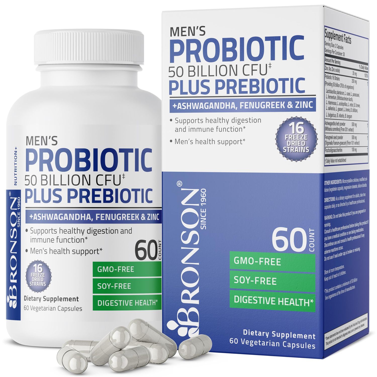 Bronson Men&#39;s Probiotic 50 Billion CFU Plus Prebiotic with Ashwagandha, Fenugreek Zinc, Supports Healthy Digestion Immune Function Non-GMO, 60 Vegetarian Capsules