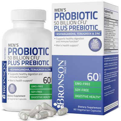 Bronson Men&#39;s Probiotic 50 Billion CFU Plus Prebiotic with Ashwagandha, Fenugreek Zinc, Supports Healthy Digestion Immune Function Non-GMO, 60 Vegetarian Capsules