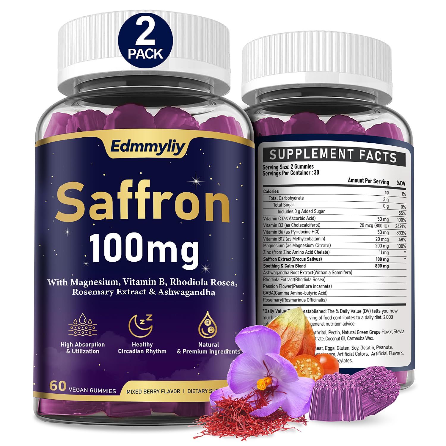 Edmmyliy Saffron Supplements Gummies for Adult - Organic Saffron Extract 100mg with Magnesium, Ashwagandha, Rhodiola Rosea, Rosemary and Vitamins - Support Positive Mood Focus - Sugar Free Vegan