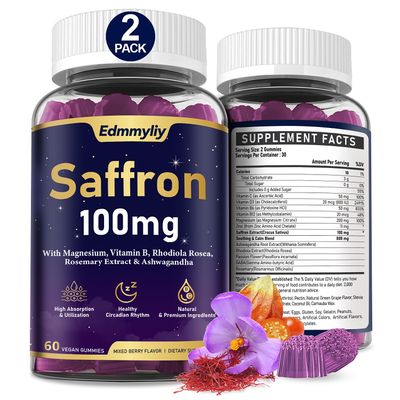 Edmmyliy Saffron Supplements Gummies for Adult - Organic Saffron Extract 100mg with Magnesium, Ashwagandha, Rhodiola Rosea, Rosemary and Vitamins - Support Positive Mood Focus - Sugar Free Vegan