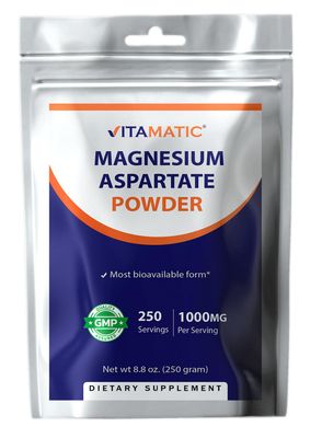Vitamatic Magnesium Aspartate 1000mg per Serving Supports Muscle, Joint, and Heart Health 250 Grams - 250 Servings