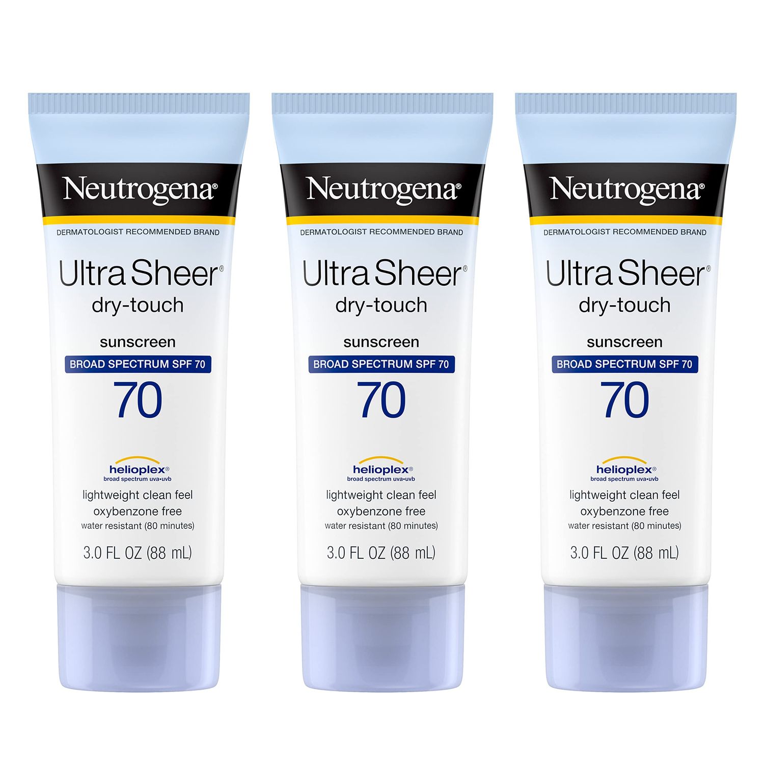 Neutrogena Ultra Sheer Dry-Touch Sunscreen Lotion, Broad Spectrum SPF 70 UVAUVB Protection, Lightweight Water Resistant, Non-Comedogenic Non-Greasy, Travel Size, 3 fl. oz (Pack of 3)