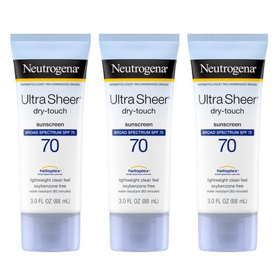 Neutrogena Ultra Sheer Dry-Touch Sunscreen Lotion, Broad Spectrum SPF 70 UVAUVB Protection, Lightweight Water Resistant, Non-Comedogenic Non-Greasy, Travel Size, 3 fl. oz (Pack of 3)