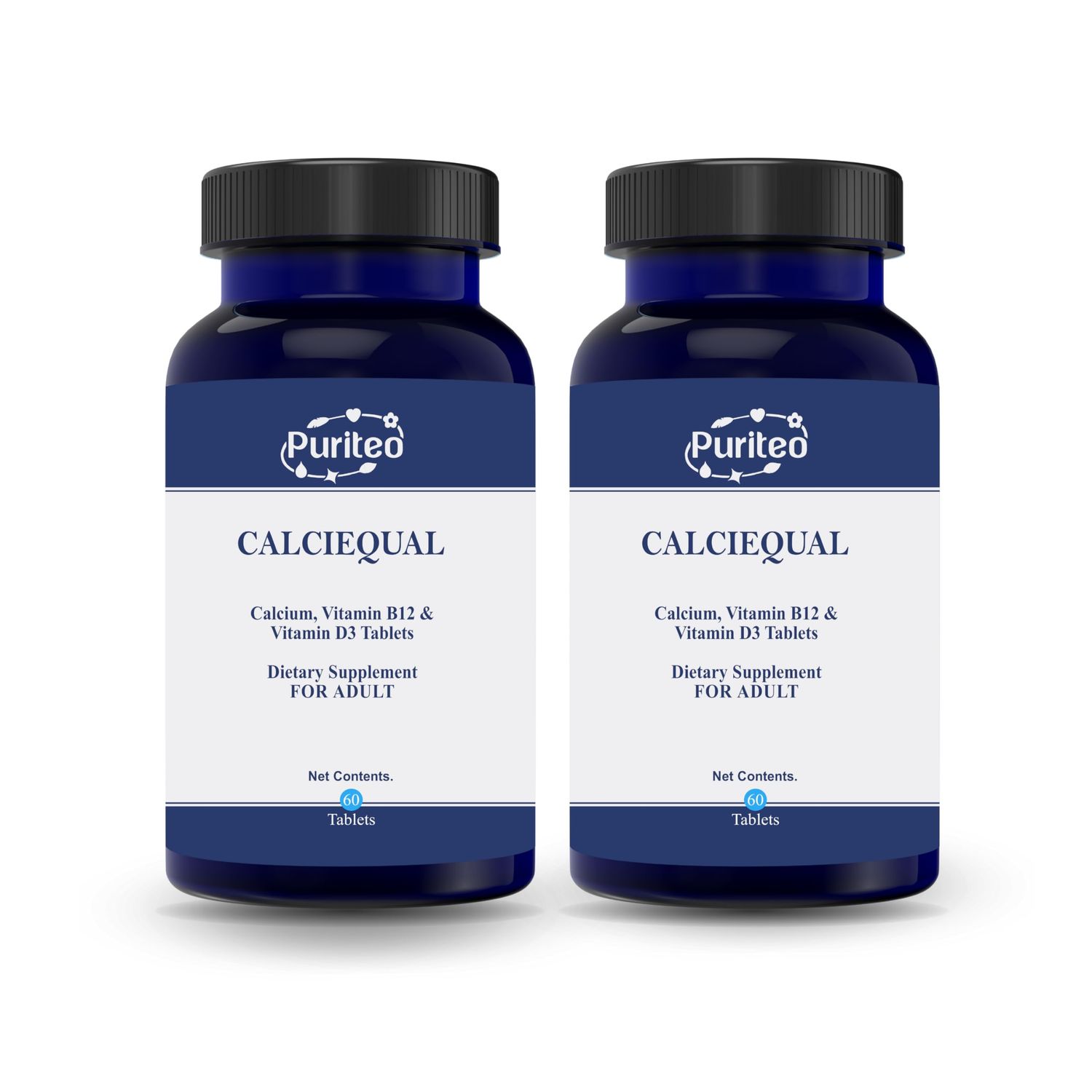 PURITEO Calciequl Tablets - Calcium Magnesium Supplement Supports Bone Strength and Healthy Teeth, Easy to Digest, Gluten-Free - (2 Packs, 60 Tablets Each)