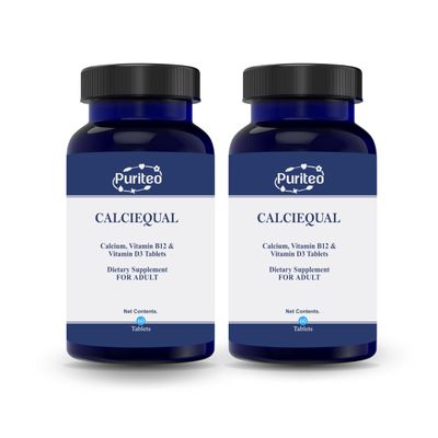 PURITEO Calciequl Tablets - Calcium Magnesium Supplement Supports Bone Strength and Healthy Teeth, Easy to Digest, Gluten-Free - (2 Packs, 60 Tablets Each)
