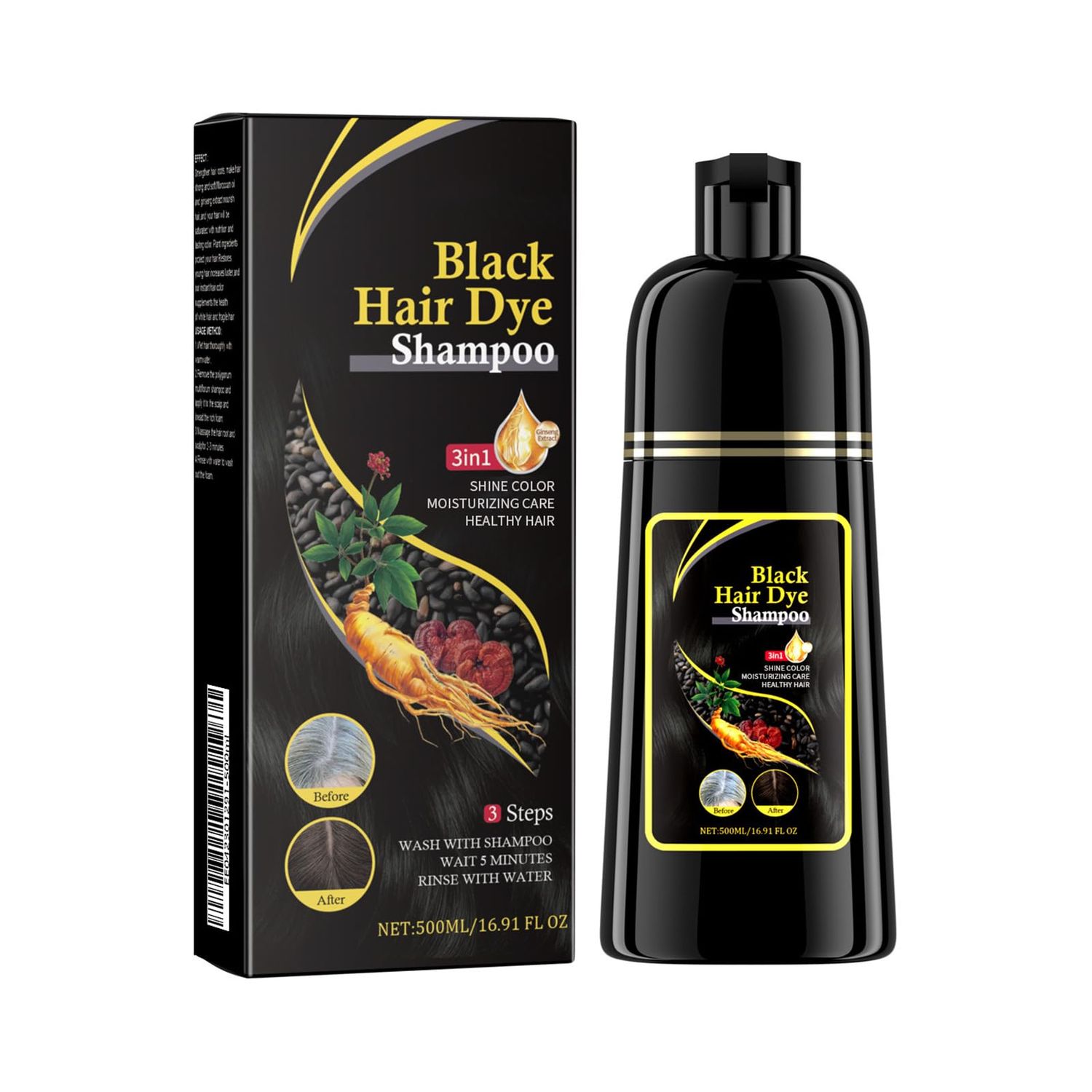 Jaysuing Hair Dye Shampoo 3 in1, 16.91 FLOZ Hair Color Shampoo for Gray Hair,Herbal Black Hair Dye Shampoo for Women Men Grey Coverage (Black)