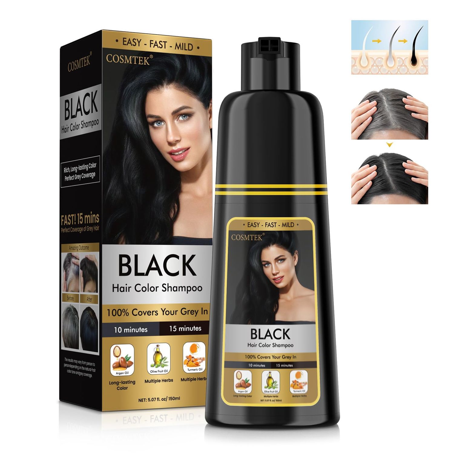 BOJICA COSMTEK Black Hair Dye Shampoo 3 in 1 for Gray Hair, Hair Color shampoo for Women, Natural Shampoo Hair Dye-100 Grey Hair CoverageHerbal Ingredients - 150ml (5.07 oz)