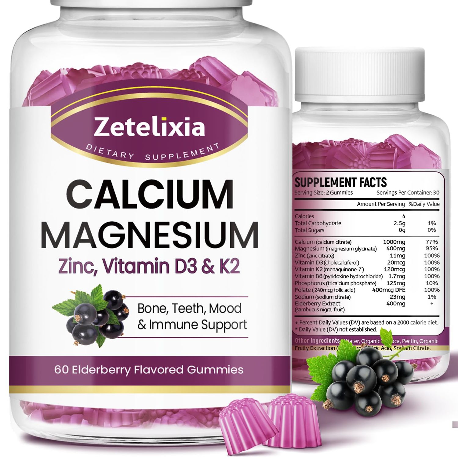 Calcium Gummies with D3, Calcium Magnesium Supplement with Glycinate,Potassium,Vitamin D3 K2, Whole Natural Food for Bone Immune Support- 120 Chewable Gummy Elderberry Flavor