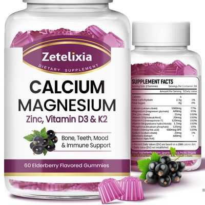 Calcium Gummies with D3, Calcium Magnesium Supplement with Glycinate,Potassium,Vitamin D3 K2, Whole Natural Food for Bone Immune Support- 120 Chewable Gummy Elderberry Flavor
