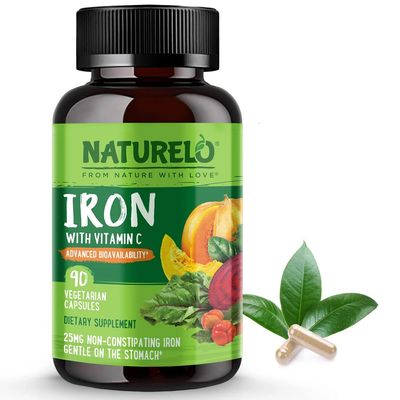 NATURELO Vegan Iron Supplement with Vitamin C and Organic Whole Foods - Gentle Iron Pills for Women Men with Iron Deficiency Including Pregnancy, Anemia and Vegan Diets - 90 Mini Capsules