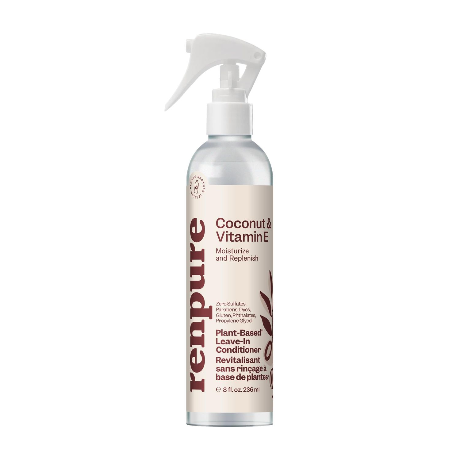 RENPURE Plant Based Natural Leave In Conditioner Spray - Hydrating Vitamin E Coconut Oil Deep Conditioner for Hair Beards - Sulfate Free, Anti Frizz, Heat Protectant Detangler Spray Leave In
