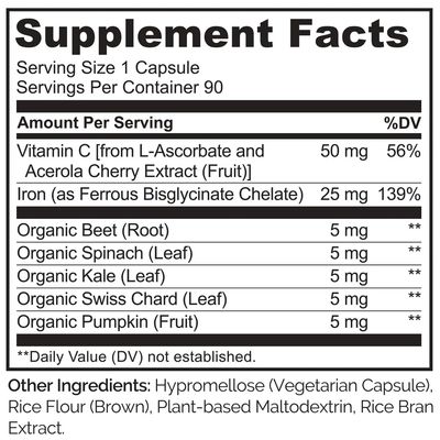 NATURELO Vegan Iron Supplement with Vitamin C and Organic Whole Foods - Gentle Iron Pills for Women Men with Iron Deficiency Including Pregnancy, Anemia and Vegan Diets - 90 Mini Capsules