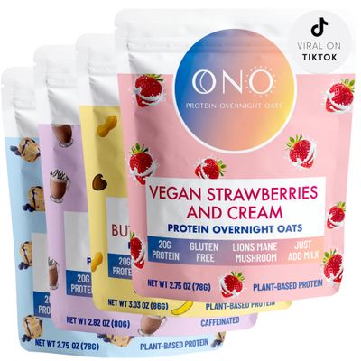 ONO Protein Overnight Oats - Vegan Variety (8 Pack) - 20g of Plant-Based Protein, Gluten Free, Dairy Free, Low Sugar Oatmeal - Organic Oats, Chia Seeds, Lions Mane Mushroom, High Protein Breakfast